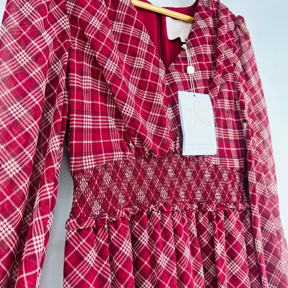 Gal Meets Glam New Red Maroon Plaid Long Puff Sleeve V- Neck Robyn Maxi Dress 2 - Picture 7 of 13